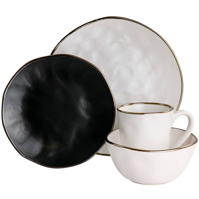 Elama Roman 16 Piece Stoneware Dinnerware Set in Assorted Matte with Gold Rim - 16 Piece Set