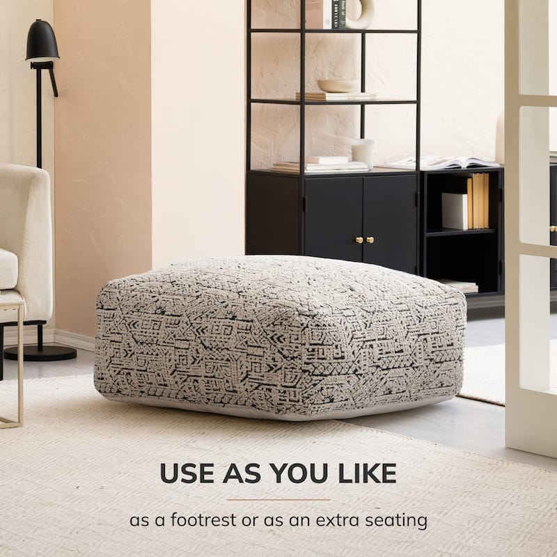 Jani Escondido 34-inch Gray & Ivory Oversized Pouf Ottoman - Stylish Footrest for Living Room, Bedroom