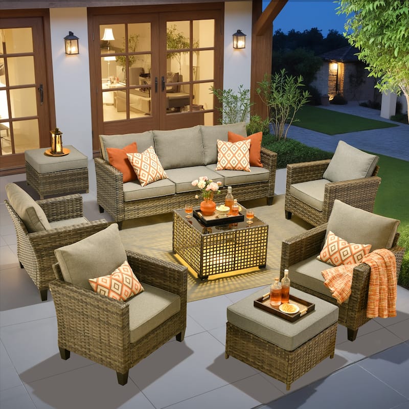 OVIOS 8 Pieces Outdoor Wicker Sectional Set With Solar-Powered CoffeeTable - DarkGrey