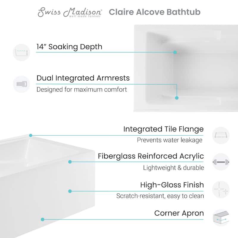 Swiss Madison SM-AB571 Claire 60" Three Wall Alcove Acrylic Soaking