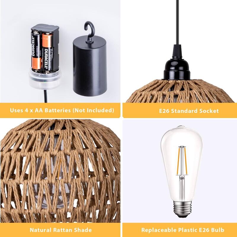 Battery Operated Boho Rattan Pendant Light - 7.8 in Dia