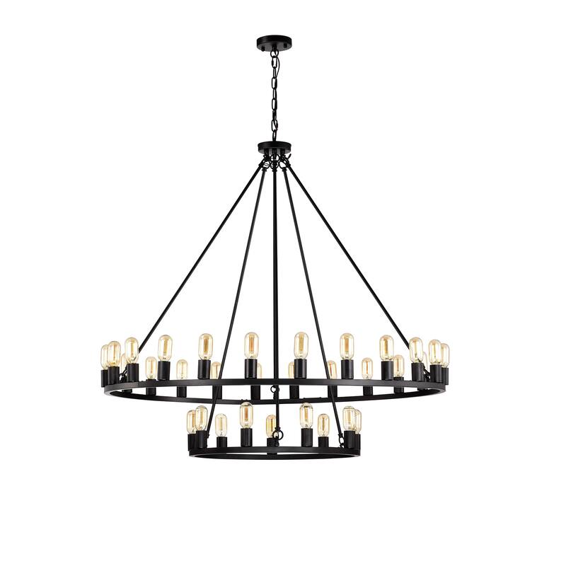 The Gray Barn Liam Matte Black 33-Light 48-inch 2-Tier Round Wagon Wheel Chandelier