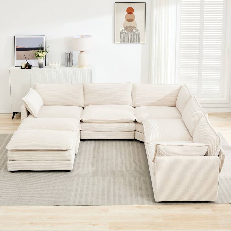7-Seater Corduroy Sectional Sofa with 2 Removable Ottomans & Corner Seat, Soft & Comfortable - 5 Seats with 2 Ottoman