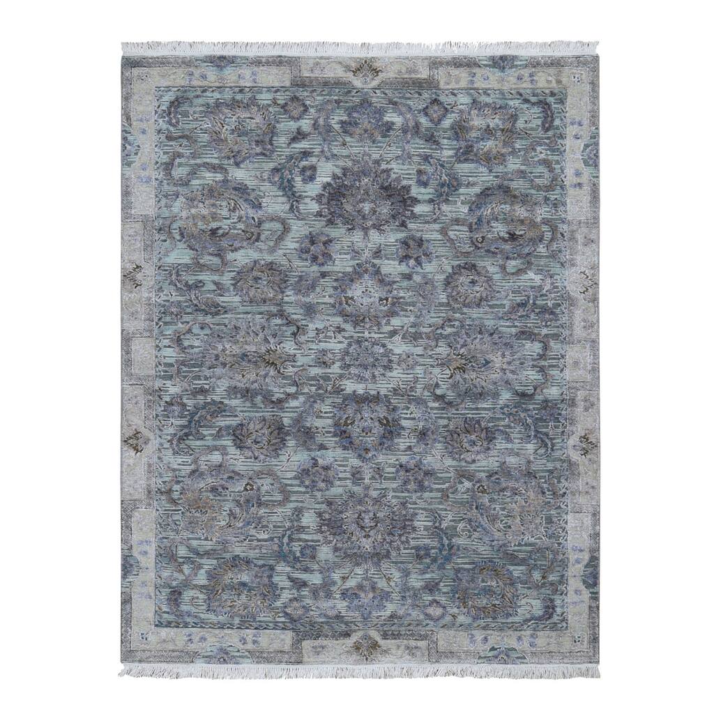 Shahbanu Rugs Light Green Pure Silk With Textured Wool Mughal Design Hand Knotted Oriental Rug (8'2" x 10'2") - 8'2" x 10'2"