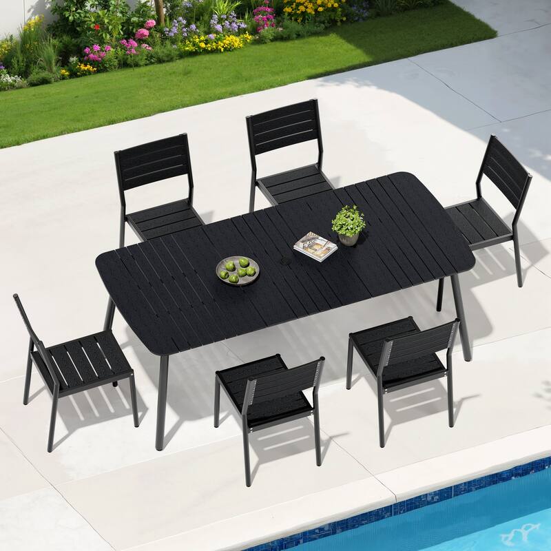 7-Piece Patio Outdoor Dining Set Aluminum Rectangle Table with Umbrella Hole and Stackable Chairs