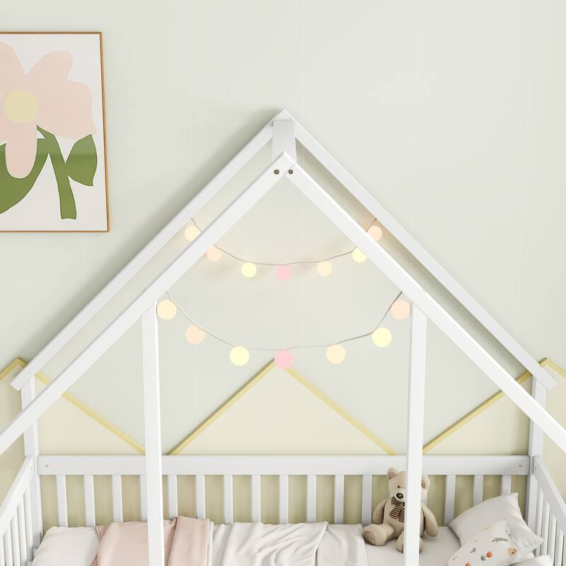 Roomfitters Twin/Full Wood House-Shaped Floor Bed with Fence and Guardrails, Low Profile Platform Bed, No Box Spring Needed