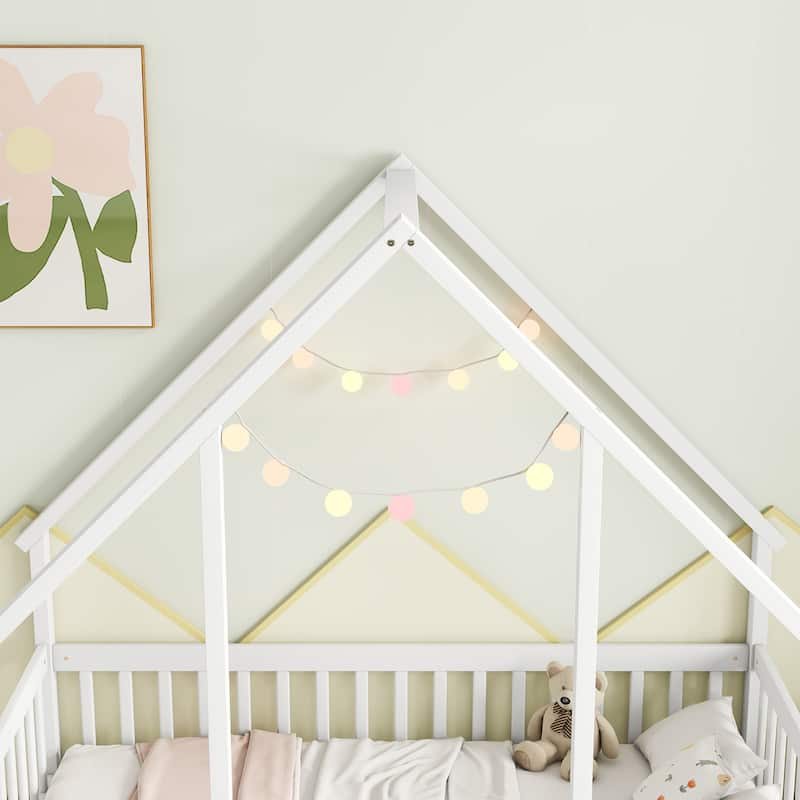 Twin Size Pine House-Shaped Floor Bed with Roof & Guardrails