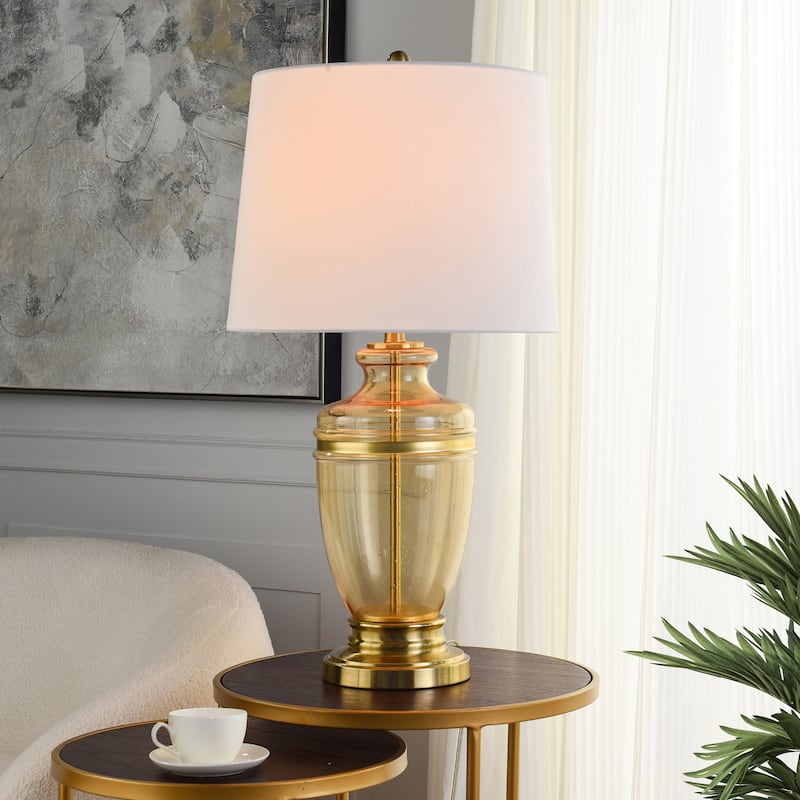 StyleCraft Glass & Steel Table Lamp - Opulence Gold - Off-White Shade