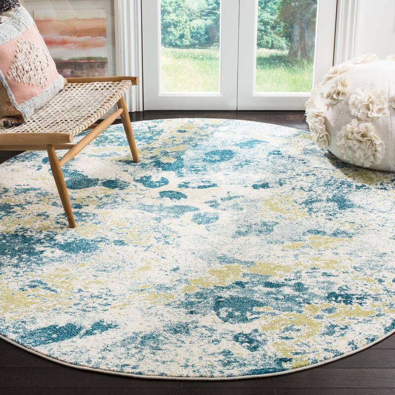 SAFAVIEH Watercolor Sophie Modern Abstract Rug - 6'7" Round - Ivory/Light Blue
