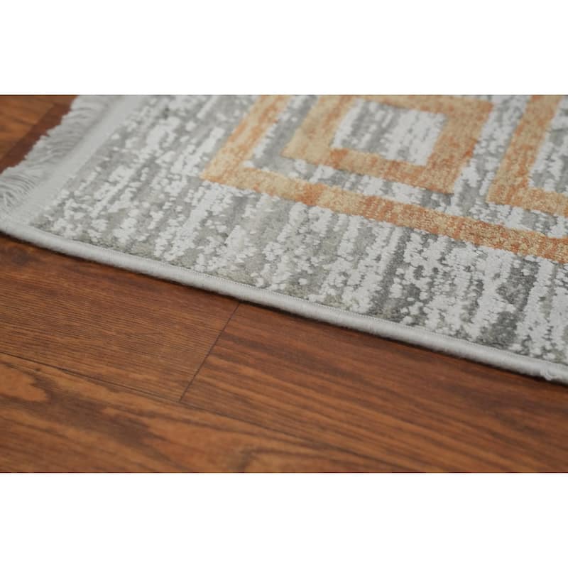 Machine Made Oriental Polyester Carpet Geometric Greys & Charcoal Distressed Area Rug - 7' 5'' X 5' 2''