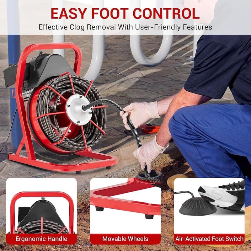 75FT 1/2 Inch Portable Drain Cleaning Machine for 1" to 4" Pipes with Blue Gloves