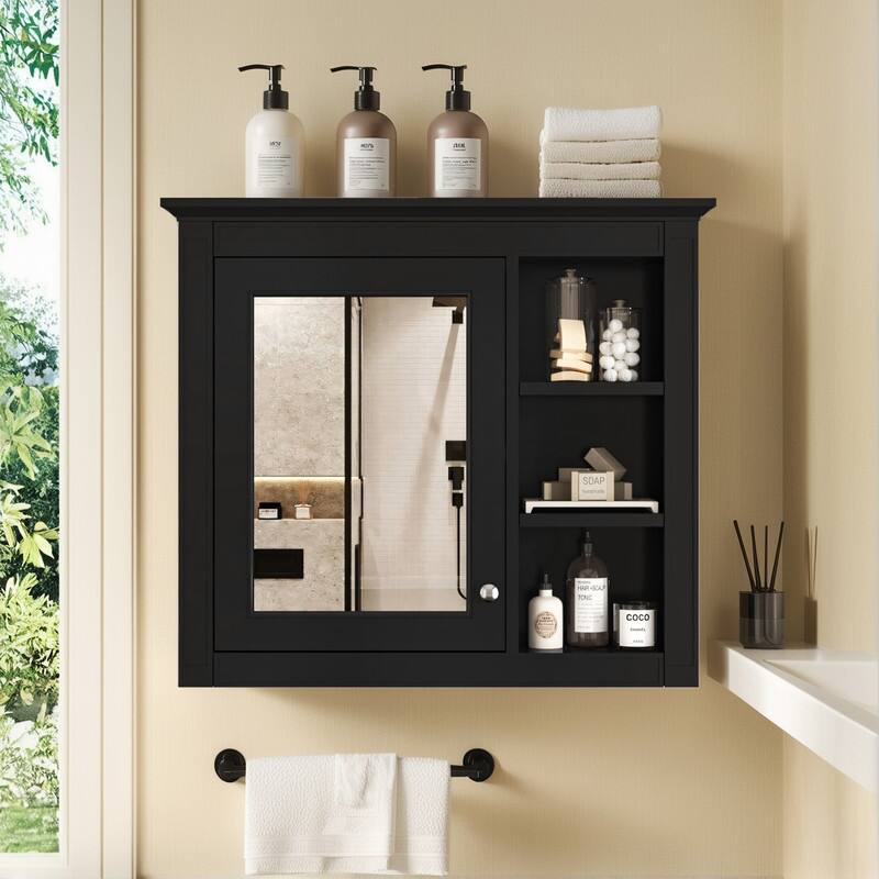 30" x 28" Wall-Mounted Medicine Cabinet, Modern Bathroom Mirror Storage Cabinet with 3 Open Shelves