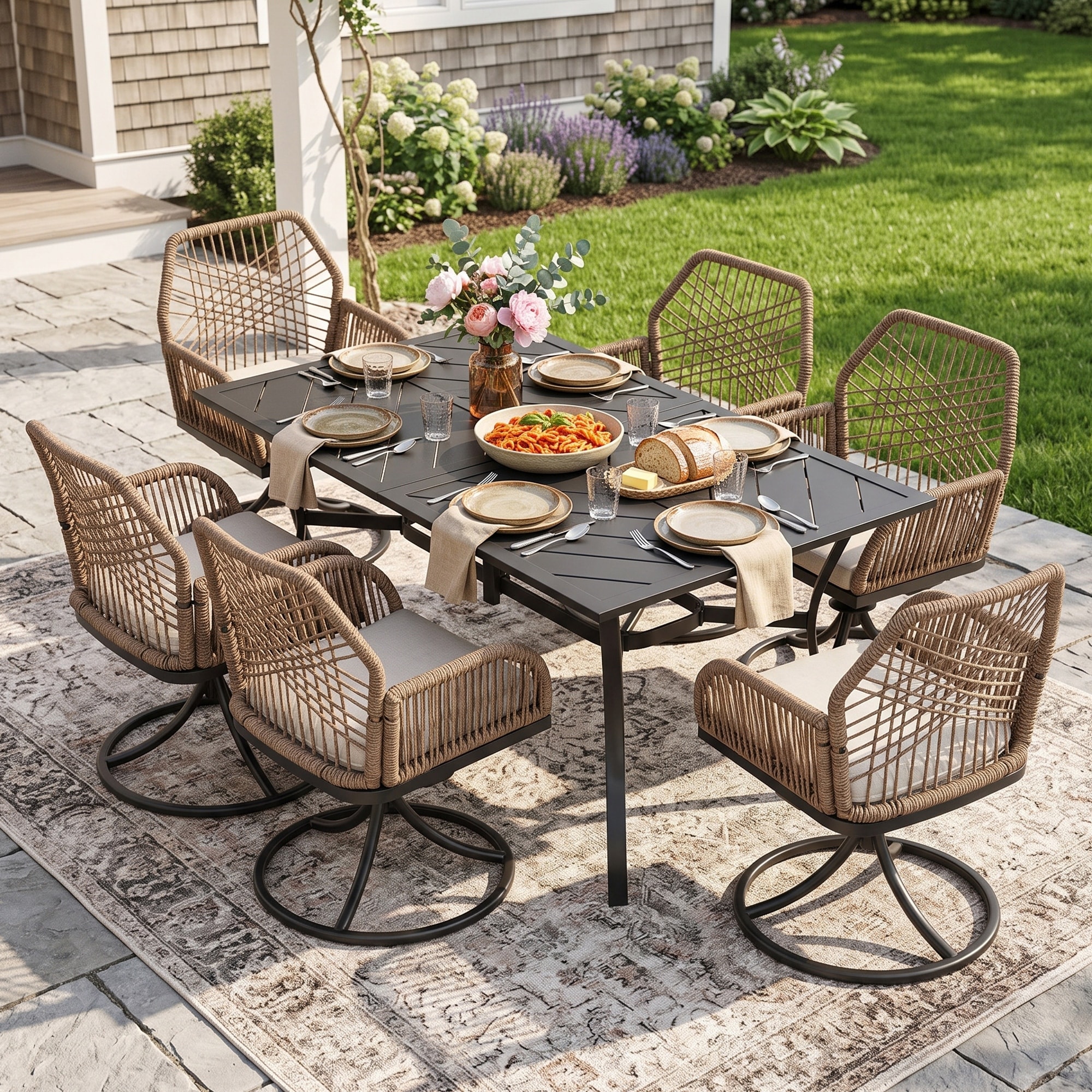 Nuu Garden Rattan Metal Patio Dining Set with Umbrella Hole, Zippered Cushions