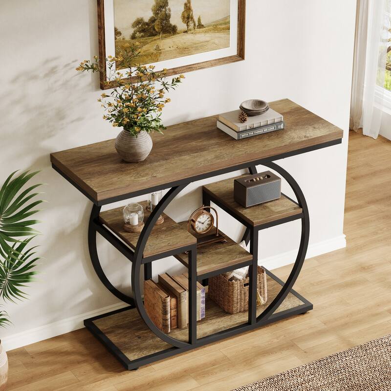41.3" Industrial Console Sofa Table, 4-Tier Narrow Wood Accent Table