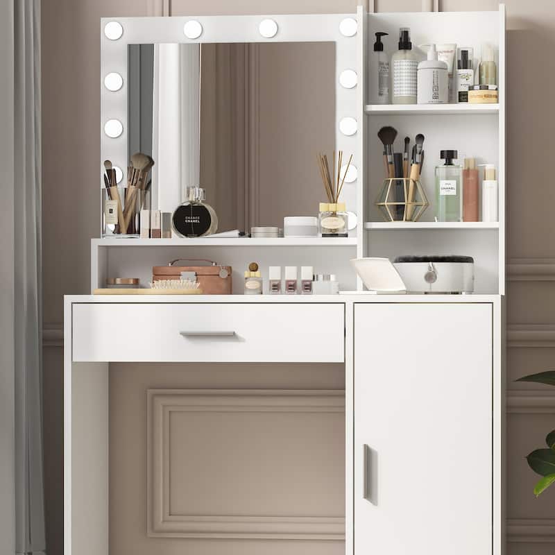 Vanity Desk with Mirror and Lights, Makeup Vanity with Drawer and Storage Shelves, Dressing Table with 3 Lighting Modes