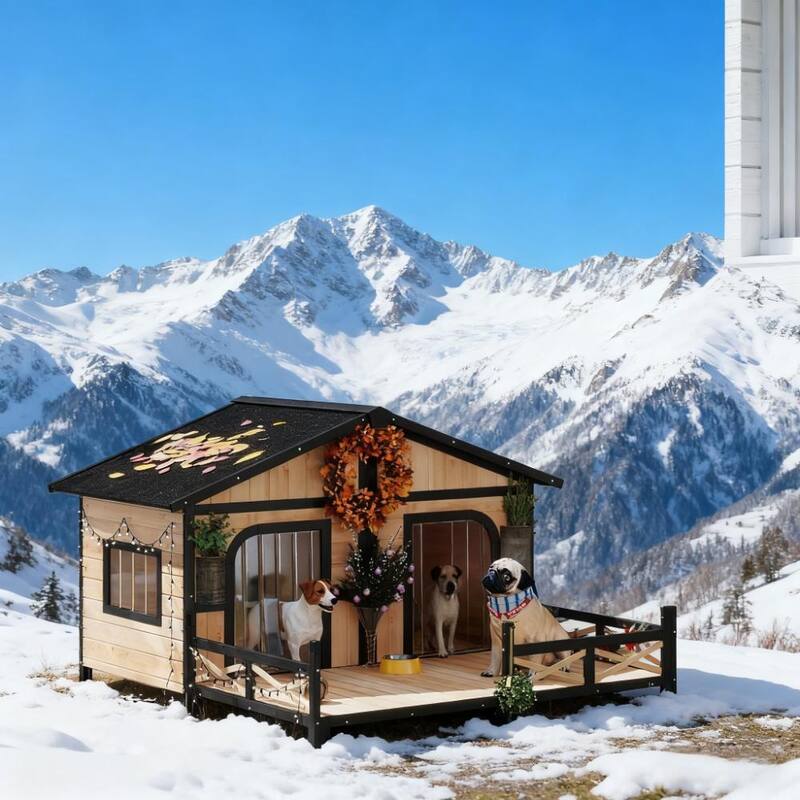Weatherproof Wooden Dog House with Porch, Openable Roof & Removable Bottom - Elevated Double Room Kennel