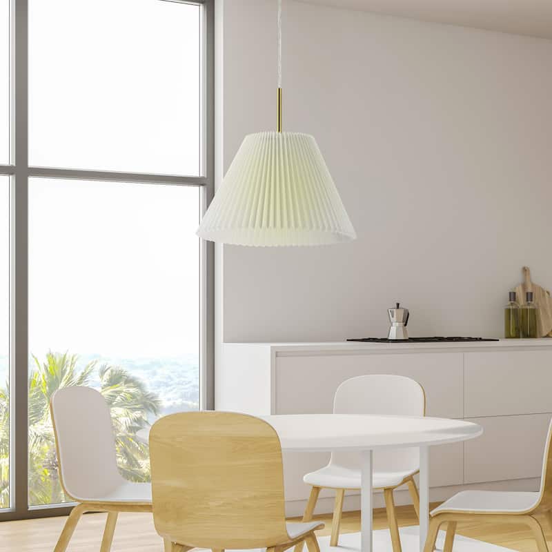 Boden 14.25" 1-Light Classic French Country Iron LED Pendant with Pleated Shade, Brass Gold/White, by JONATHAN Y