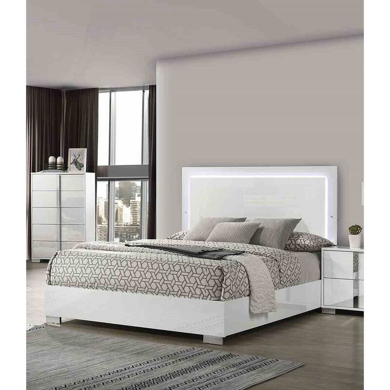 Contemporary Bed White Finish LED 1Pc Bedroom Furniture