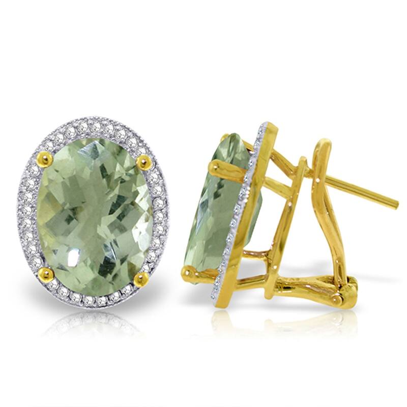 10.56 Carat 14K Solid Gold French Clip Earrings Diamond Green Amethyst - Yellow