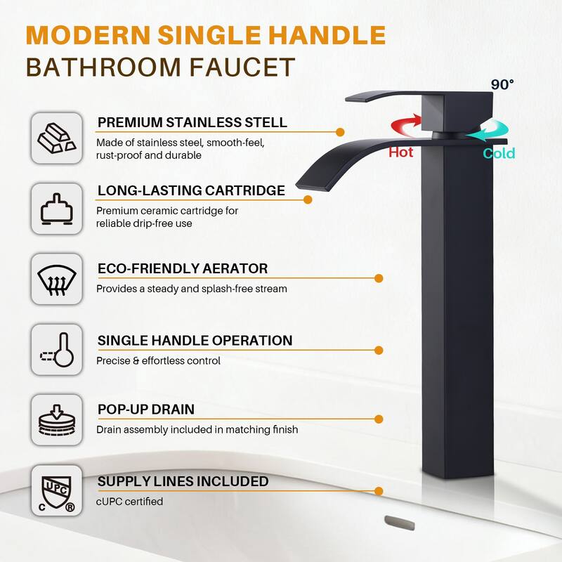 WOWOW Single Handle Single Hole Waterfall Bathroom Vessel Faucet