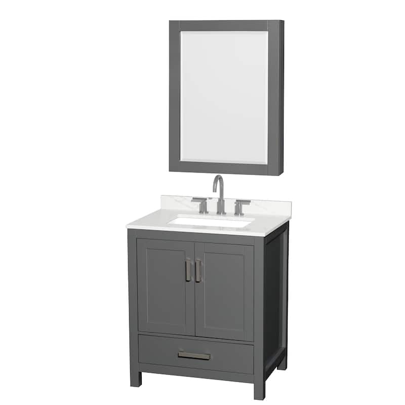 Sheffield 30-inch Single Vanity, 3 Hole Quartz Top, Med Cabinet - Dark Gray, Chrome Trim, Giotto Quartz Top