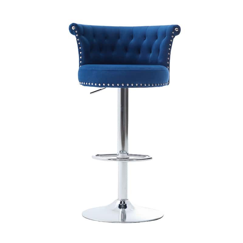Velvet Bar Stool Set of 2, Adjustable Swivel Bar Stools with Silver Plated Metal Leg, Chrome Nailhead, Counter Height Chair