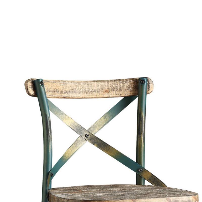Chad 29 Inch Modern Bar Height Chair, Footrest, X Backrest, Green, Oak Wood