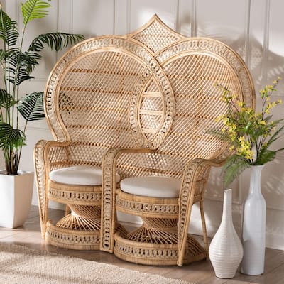 Nerita Modern Bohemian Natural Brown Rattan Two-Seater Peacock Chair