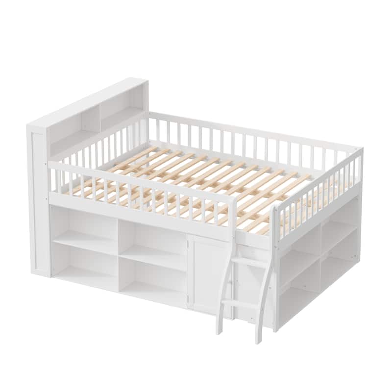 Kids Storage Low Loft Bed with LED Headboard Light, Dual Side Storage Shelves and Space Saving Under-Bed Storage