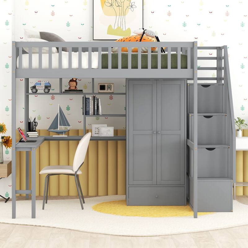 Loft Bed with Bookshelf,Drawers,Desk,and Wardrobe