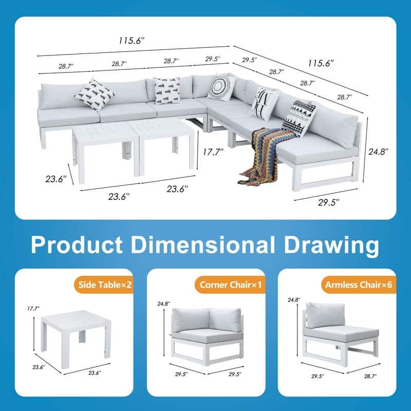 FINCATI 9 PCS Patio Aluminum Sectional Sofa Furniture Outdoor Set with Table