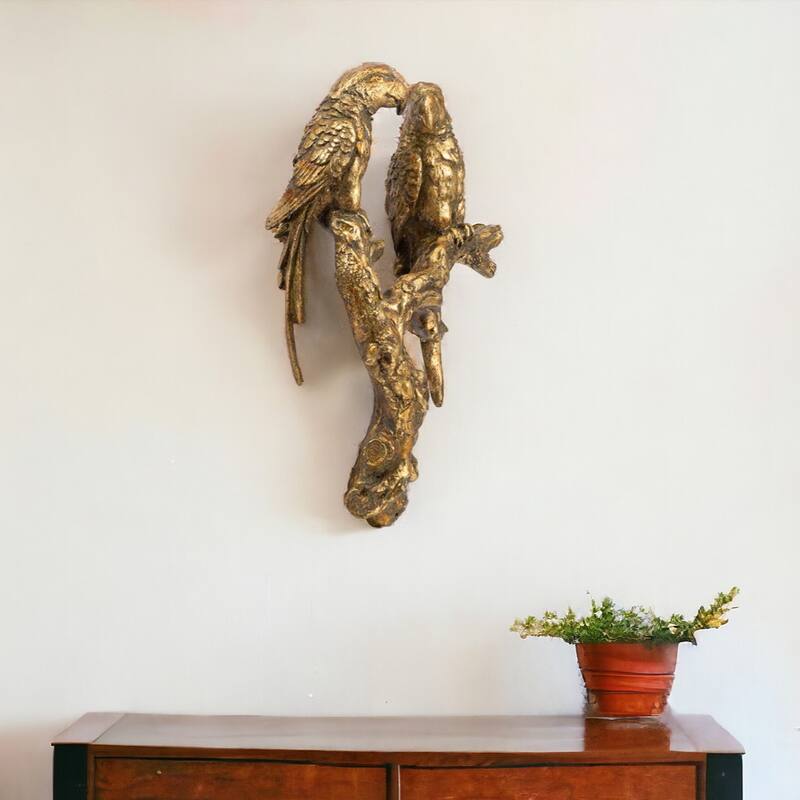 HomeRoots 13" Antiqued Gold Parrots Hanging Dimensional Sculpture - Gold