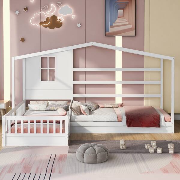 slide 2 of 27, Twin Size Wood House Platform Bed, L-Shaped with Fence and Slatted Frame White