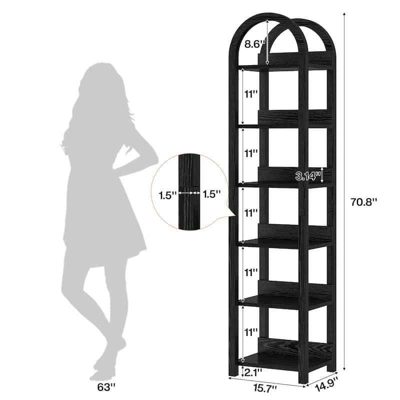 6-Tier Arched Tall Narrow Bookshelf Bookcase with Shelves