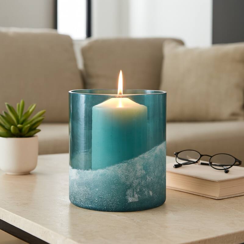 Glass Frosted Bottom Hurricane Candle Holder - Blue
