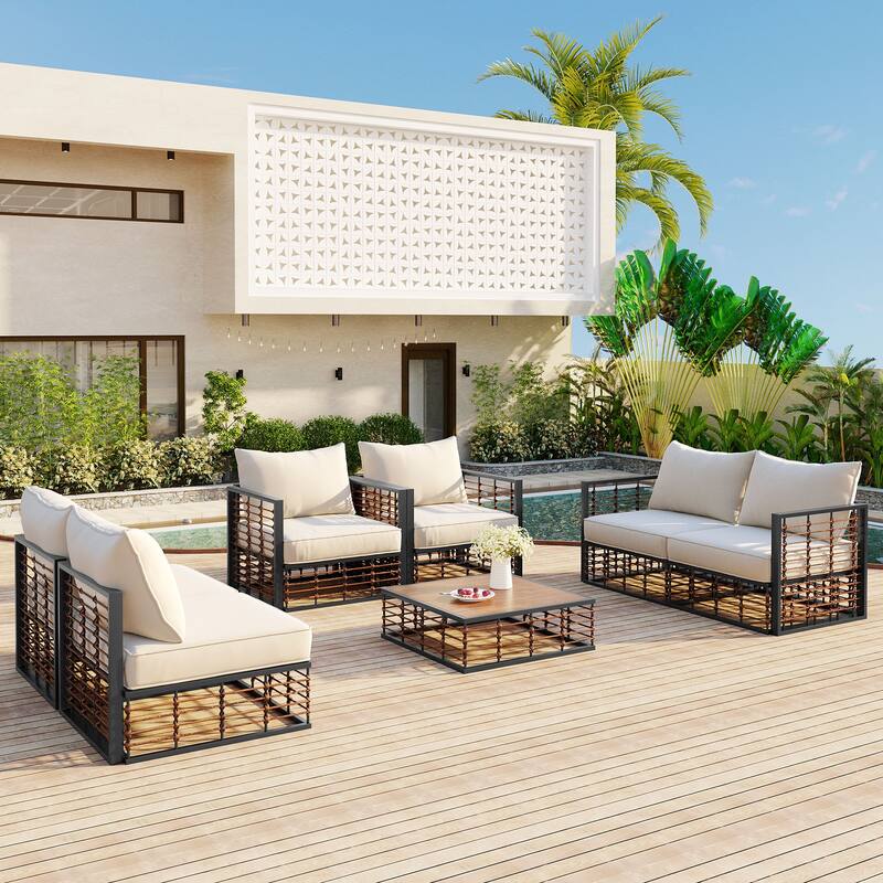 7 Piece Metal and Rattan Modular Sectional Set All Weather Garden Patio Conversation Furniture Set with Coffee Table