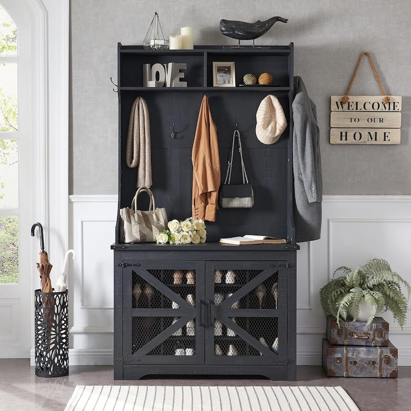 42" Wide Farmhouse Entryway Bench with Coat Rack, Mudroom Cabinet