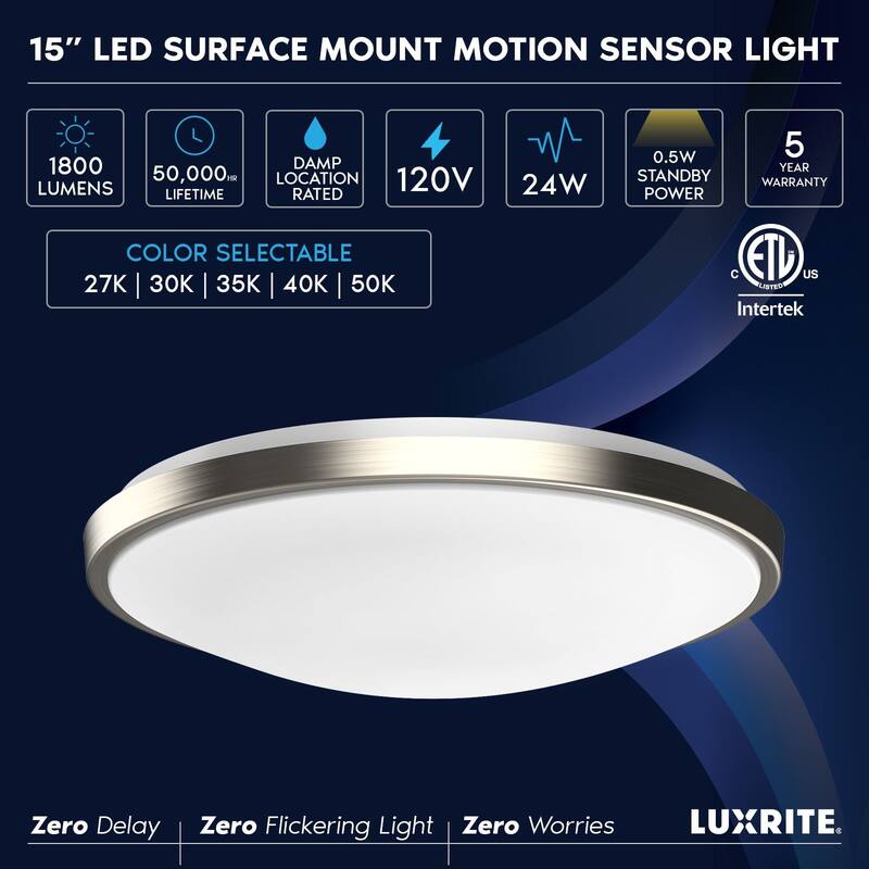 Luxrite Motion Sensor LED Flush Mount Ceiling Light, 15 Inch, 5CCT 2700K-5000K, 24W, 1800LM, ETL