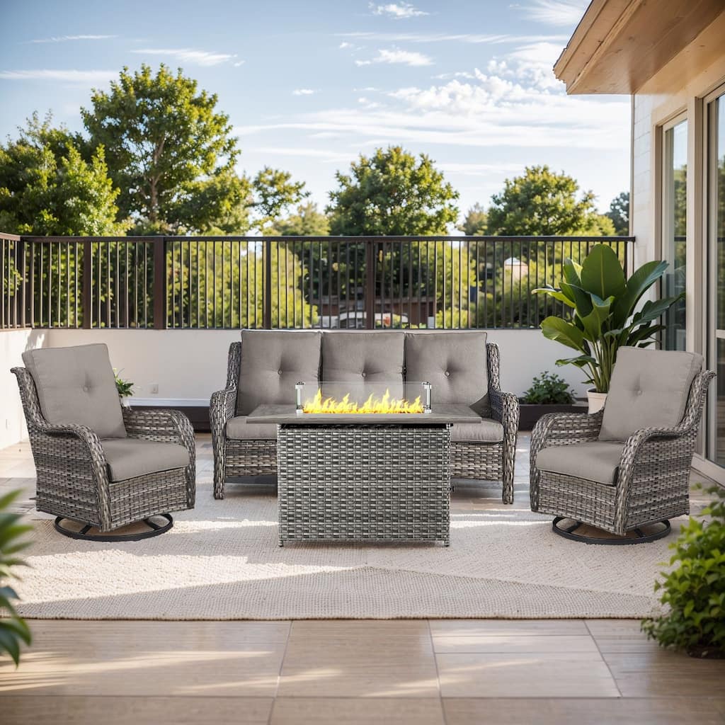 Fire Pit Table with Patio Glider Chairs Sofa Grey-Grey - Grey