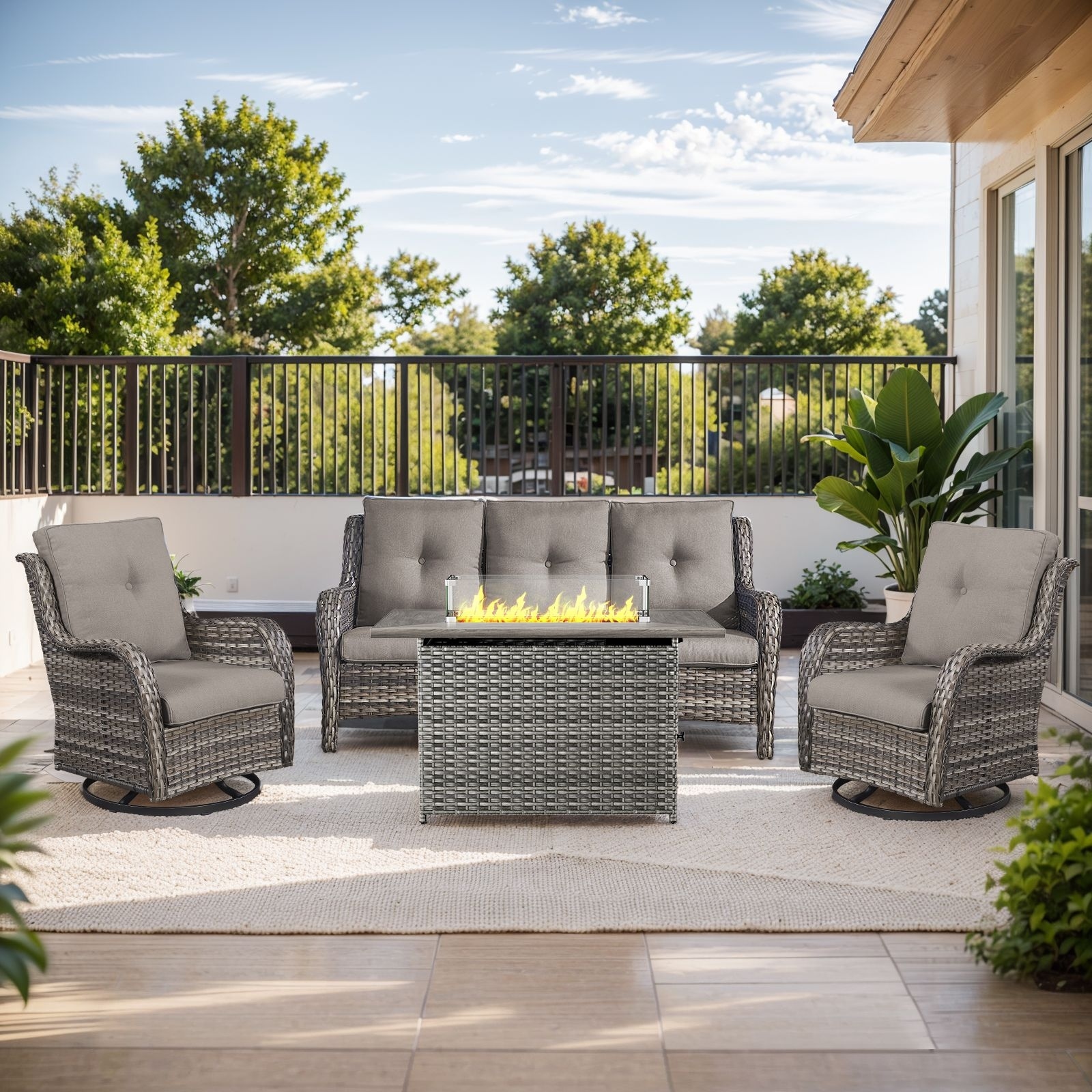 Fire Pit Table with Patio Glider Chairs Sofa Grey-Grey - Grey