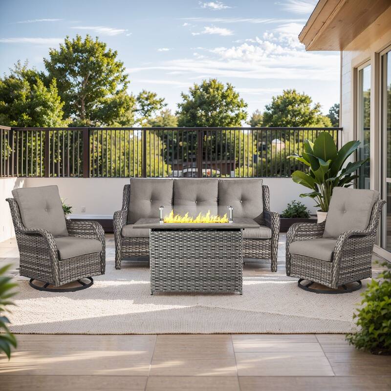 Fire Pit Table with Patio Glider Chairs Sofa Grey-Grey - Grey - Grey - Grey