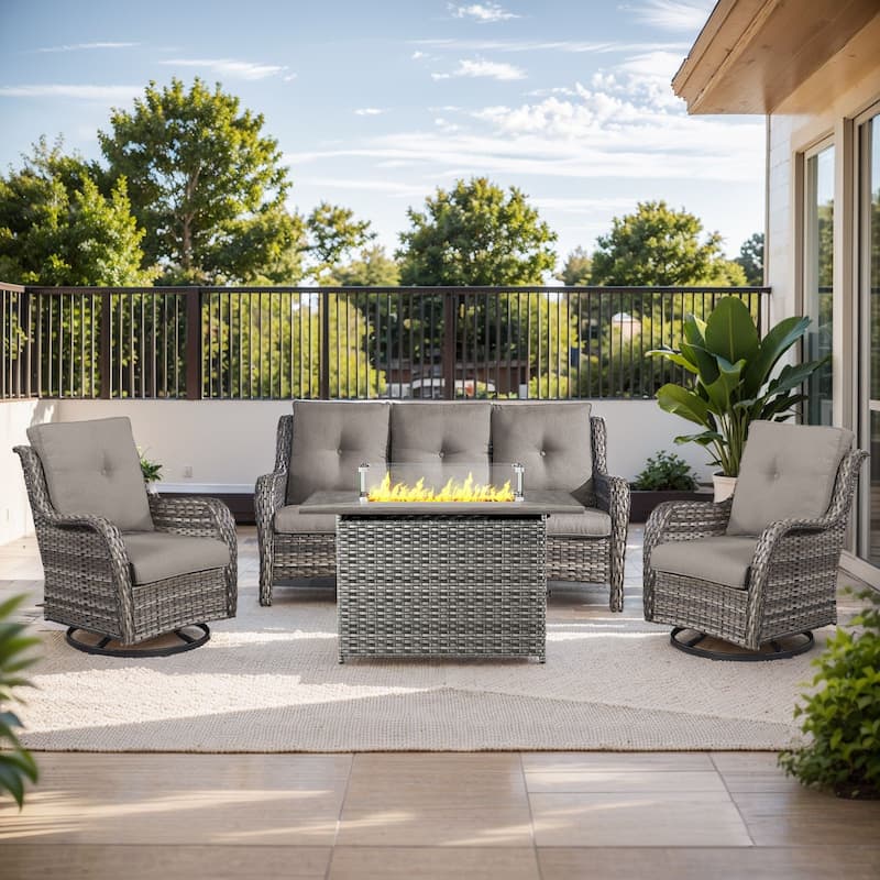 Gymojoy 4-Piece Outdoor Furniture Set, 2 Swivel Glider Chairs, 3-Seat Sofa & 55K BTU Fire Pit Table - Grey Wicker / Grey Cusion - 4-Piece