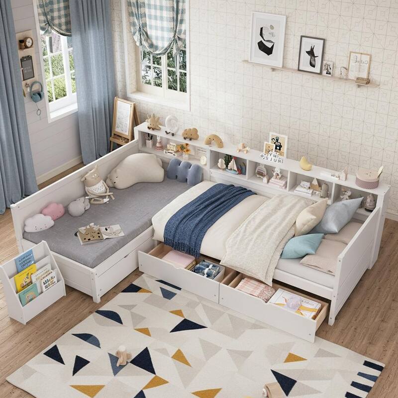 L-Shape Twin Size Day Bed for 2 with Storage Drawers and Bookshelf by Harper&Bright Designs