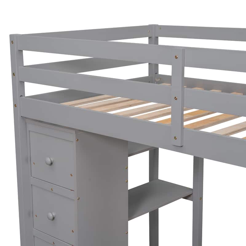 Loft Bed with Storage Drawers ,Desk and Stairs, Wooden Loft Bed with Shelves