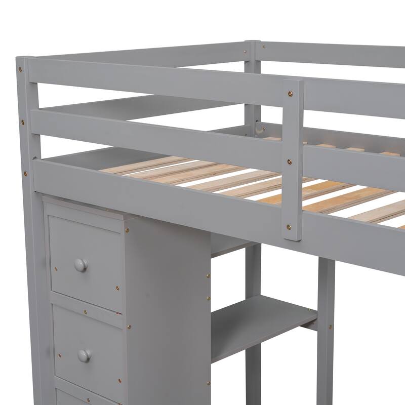 Wooden Twin Size Loft Bed with Desk,Storage Stairs,Drawers and Shelves