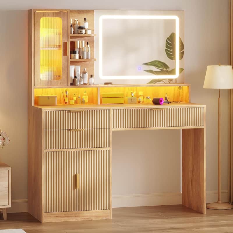 Makeup Vanity Desk Mirror LED Lights Charging Station RGB Lights Drawers Cabinet