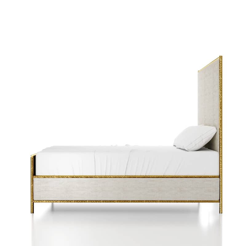 Furniture of America Zayen Modern Beige Upholstered Queen Size Hammered Metal Platform Bed