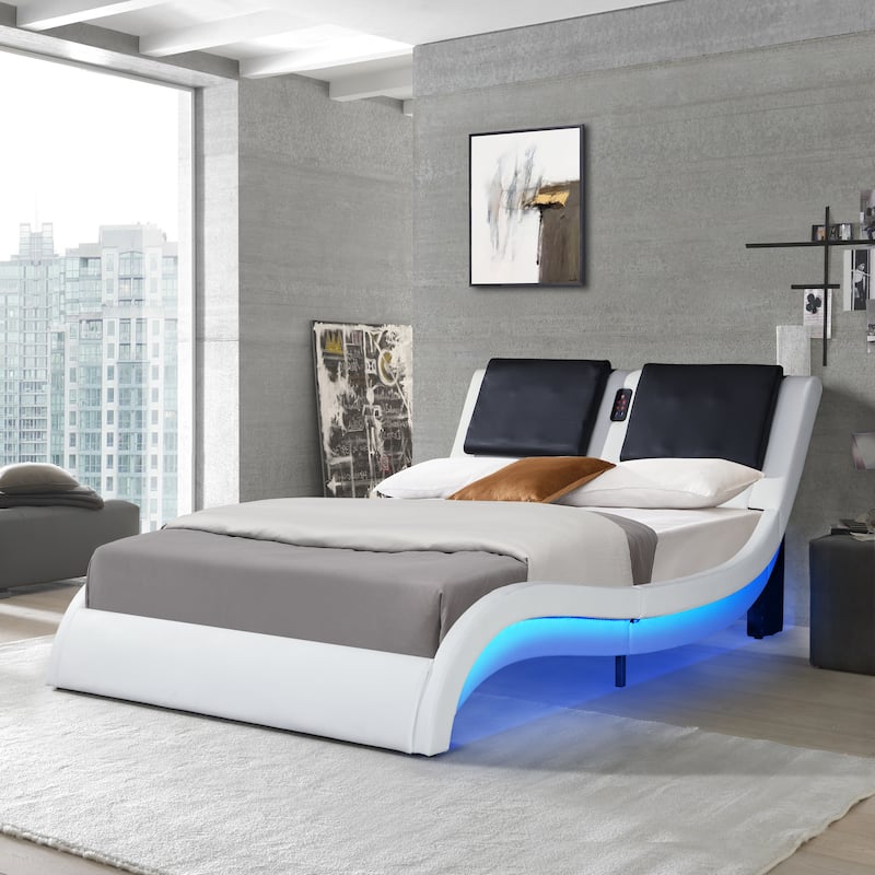 Faux Leather Upholstered Platform Bed Frame Queen Size - White