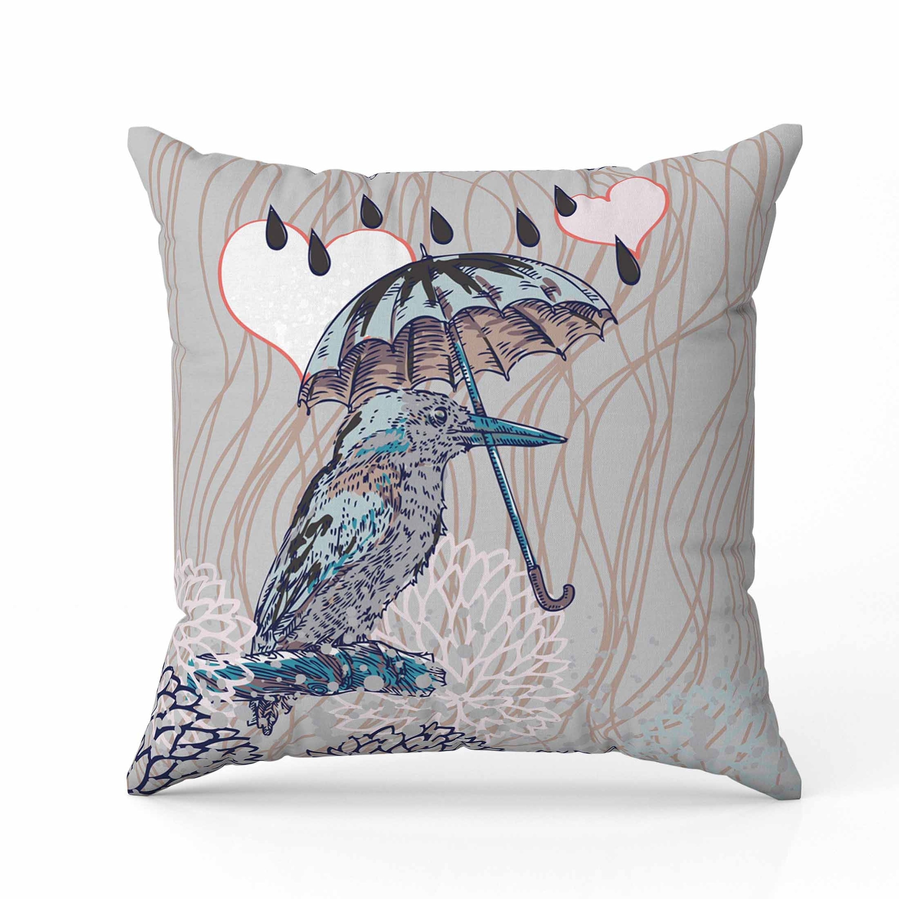 Bird with Umbrella Faux Suede Reversible Throw Pillow Silver and Brown