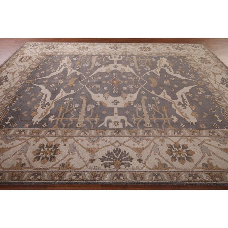 Gray Oushak Indian Rug Hand-Knotted Transitional Floral Wool Carpet - 9'1"x 11'7"